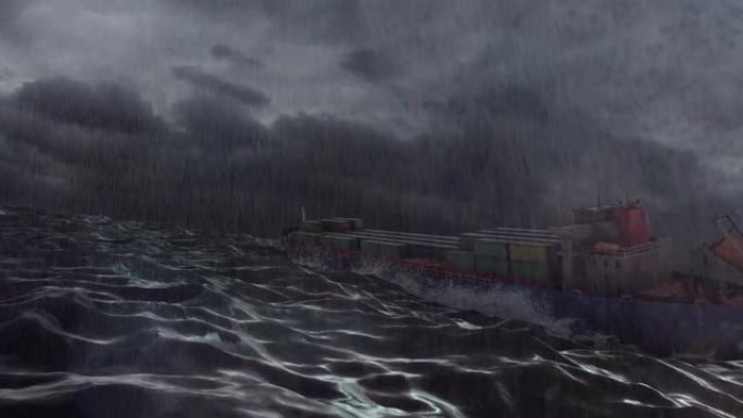 装有集装箱的货船在暴风雨的海洋中摇摆