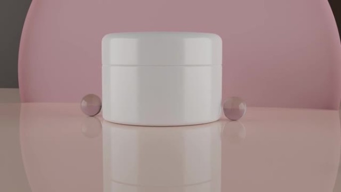 白色罐子的化妆品在米色背景与玻璃球。女性化妆品护肤品。逼真的3d动画。