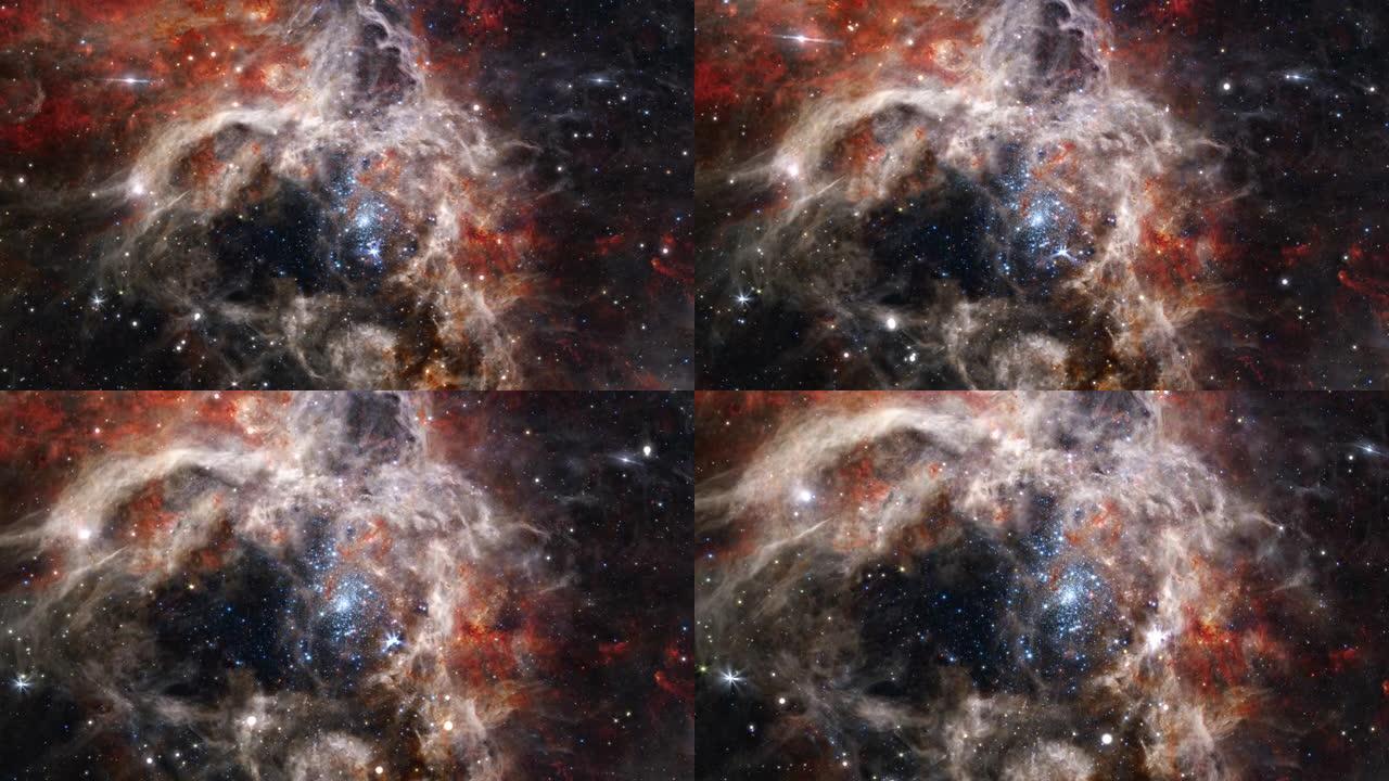 环形太空飞行深空探索旅行到狼蛛星云，也被称为30 Doradus，H II区域在大麦哲伦星云中。4K
