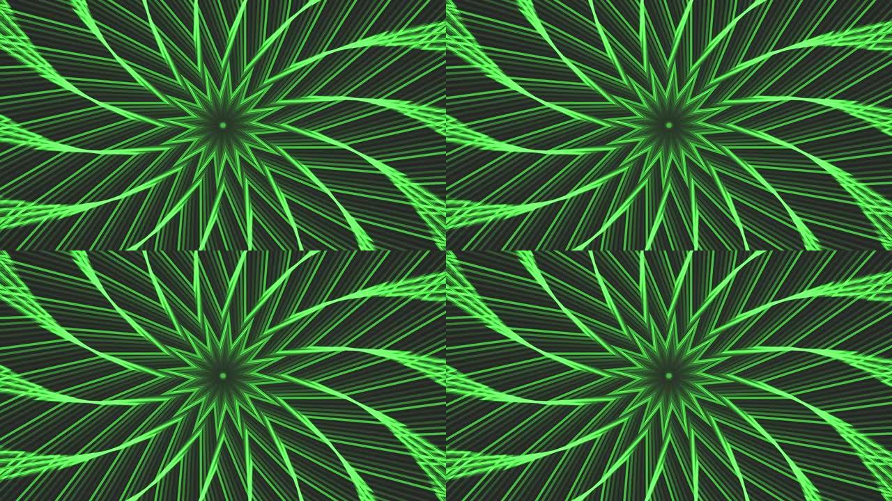 深灰色黑色背景循环上的绿色自旋六星简单平坦几何。星光灿烂的旋转电波无尽的创意动画。旋转星星无缝运动图