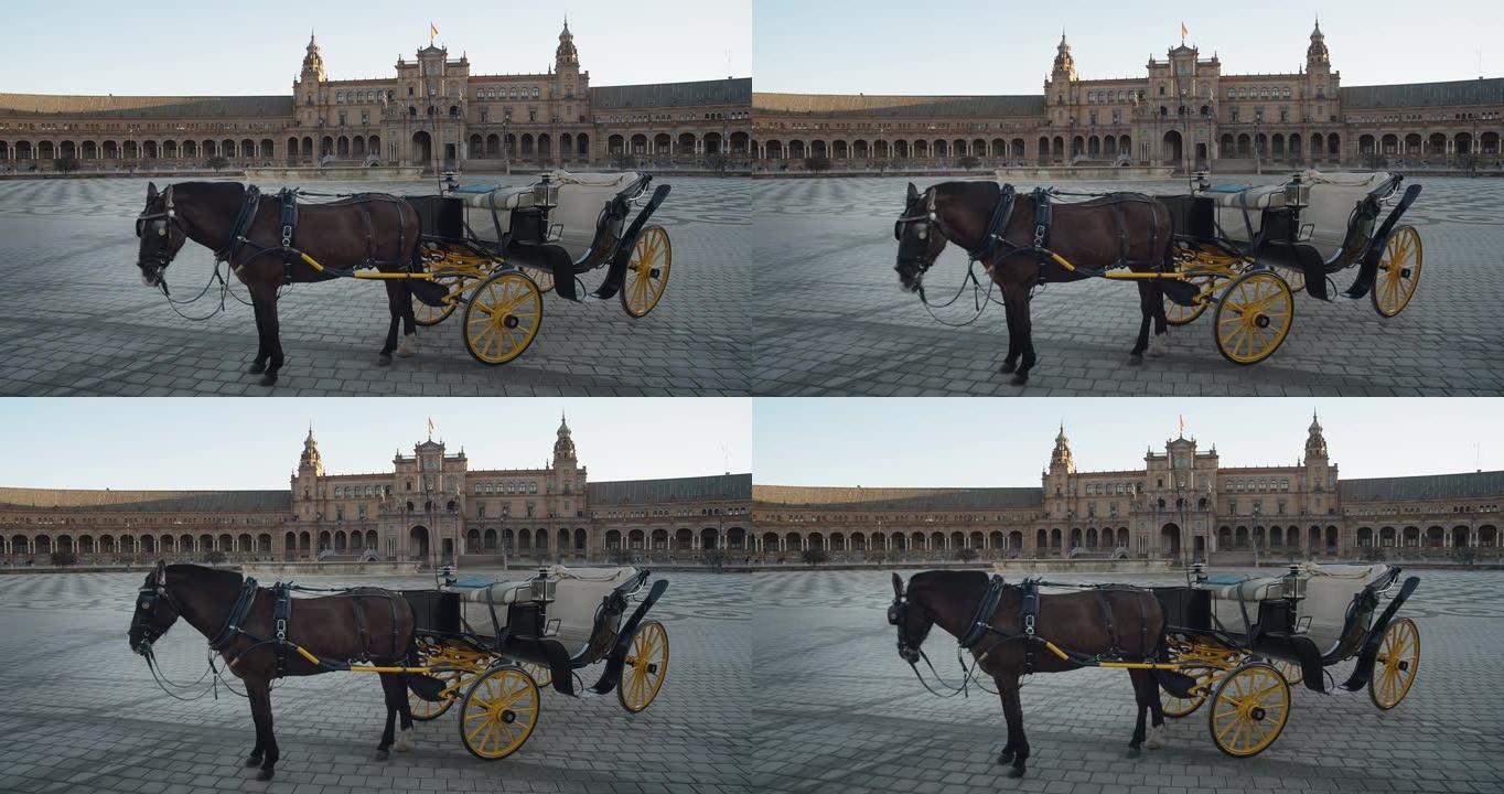 西班牙广场中央的马车。塞维利亚-西班牙4K