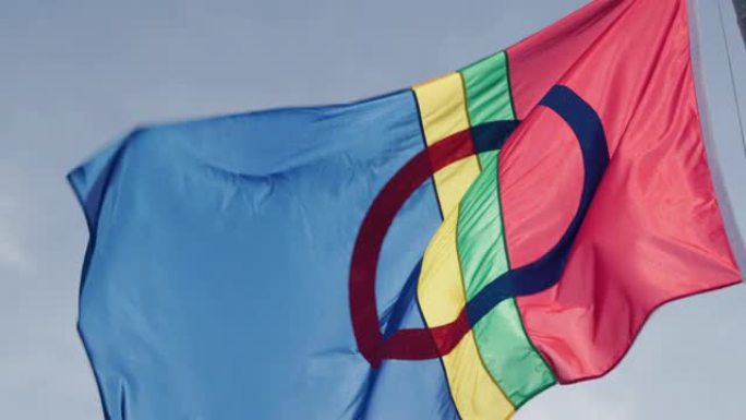 Close up of the Sámi flag waving in the wind