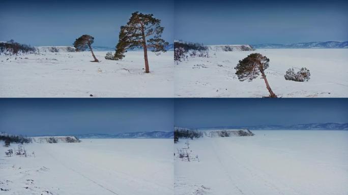 贝加尔湖，国家公园的远足径。飞越俯瞰山脉的特有松树。俄罗斯西伯利亚贝加尔湖。无人机航拍
