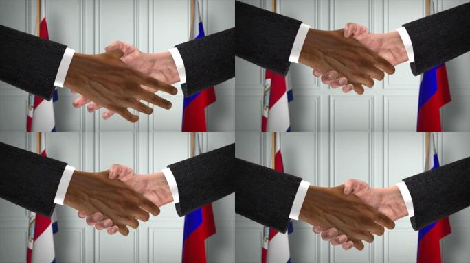 哥斯达黎加与俄罗斯达成协议握手，政治例证。正式会议或合作，商务见面。商人和政客握手