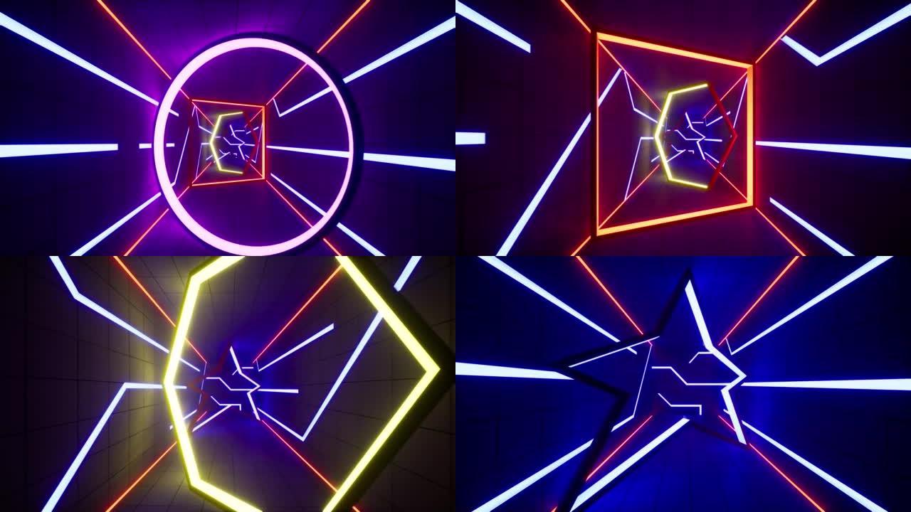 抽象七彩霓虹灯隧道设计，4k视频3d动画