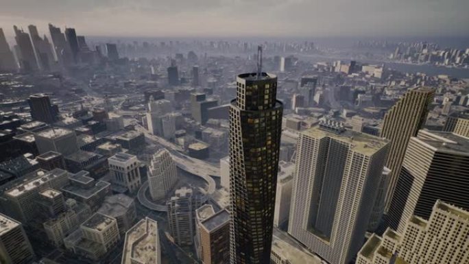 大型大都市中心的现代摩天大楼的空中无人机视图。建筑物屋顶上的现代信号发射器天线。无线Wifi 5g信