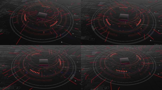 技术背景电路hud.2d和3D生成。传输数据电子冲动。信息图表数字元素。红色