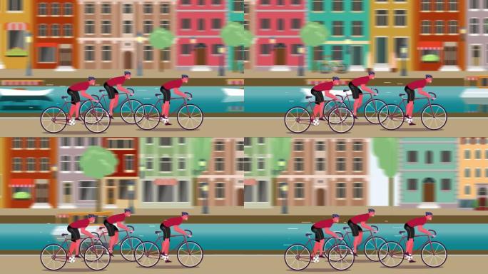 三个男人在城市骑自行车的动画循环