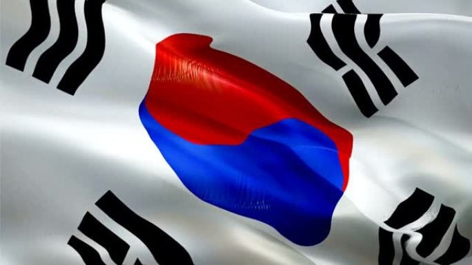 韩国国旗。国家3d韩国国旗飘扬。标志韩国无缝循环动画。韩国国旗高清背景。韩国国旗特写1080p全高清