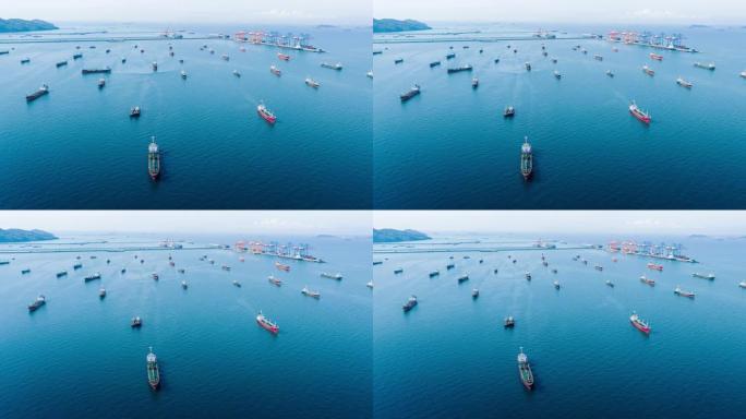 时间流逝的原油油轮船，货柜船海上系泊在大洋湾石油化工出口进口运输和物流。