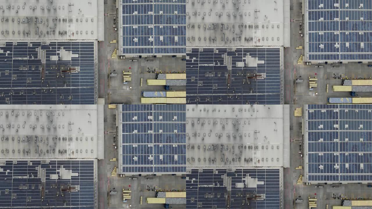 工业厂房屋顶新能源太阳能光伏发电鸟瞰图