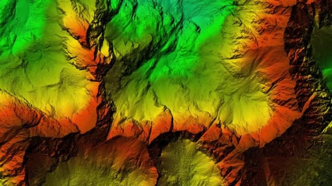 处理从显示落基山脉山峰的无人机拍摄的航拍照片后制作的高程模型动画。