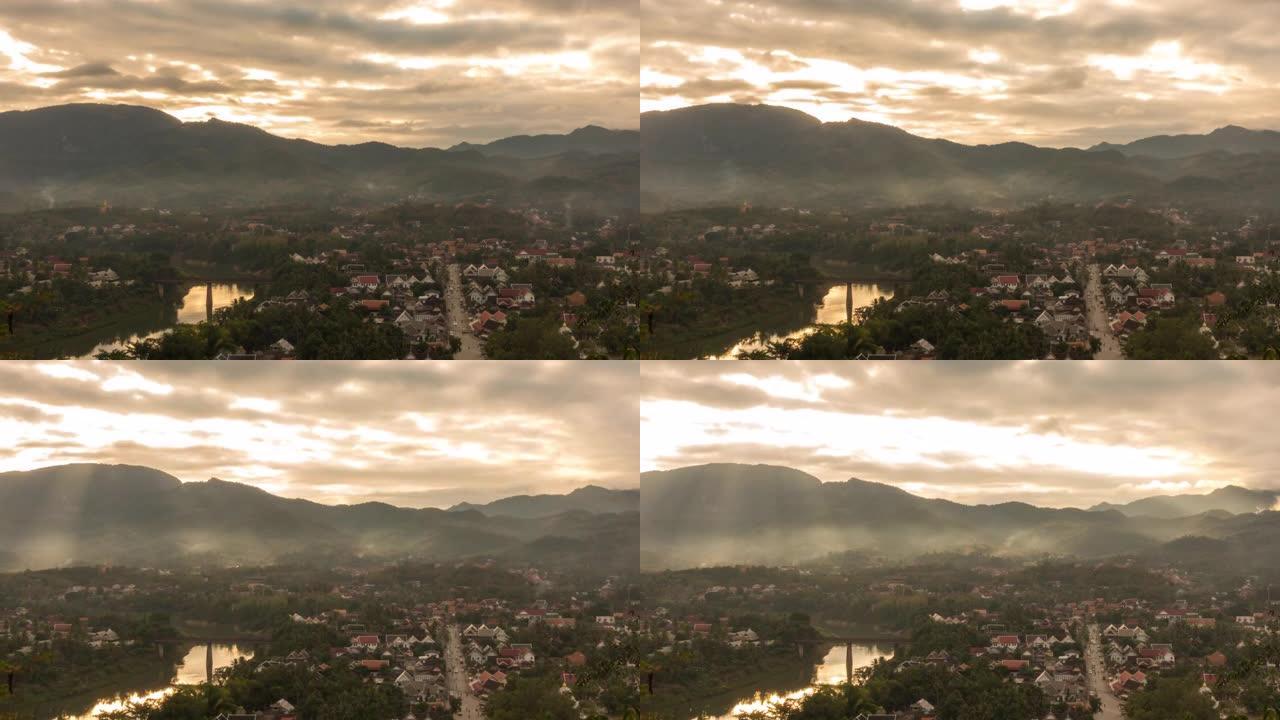 老挝琅勃拉邦日出时鸟瞰图的时间流逝