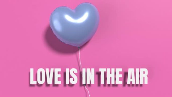 爱在空中，写在粉红色的粉红色墙壁上的心形蓝色氦气球下，以4k分辨率