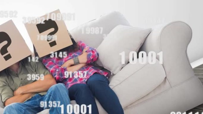 越来越多的数字和坐在沙发上的高加索夫妇的问号动画