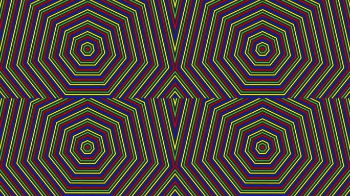颜色七边形简单平面几何在深灰色黑色背景循环。彩色七边形无线电波无尽的创意动画。多色无缝运动图形背景。