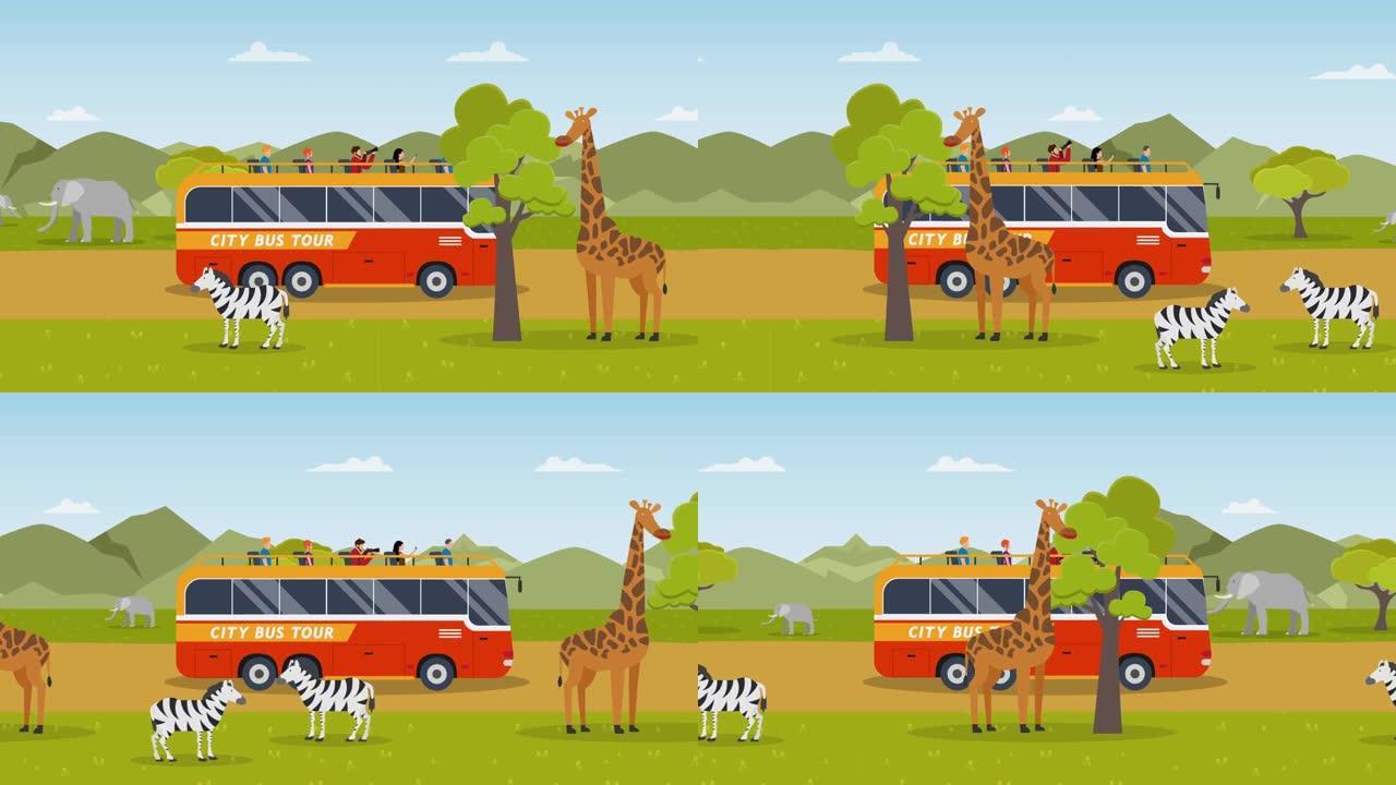 在4k野生动物园2d动画卡通中无缝循环公交车驾驶