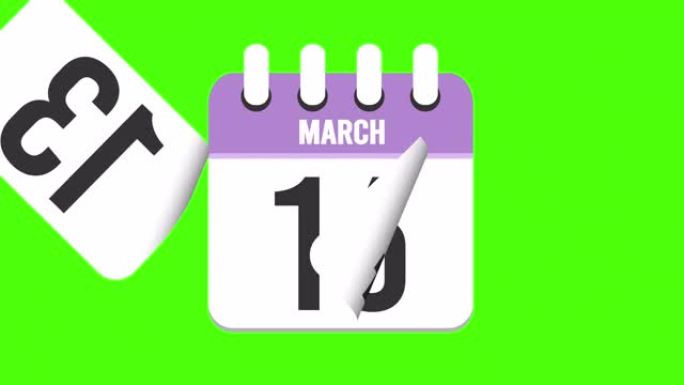 3月27日。日历出现，页面下降到3月27日。绿色背景，色度键 (4k循环)