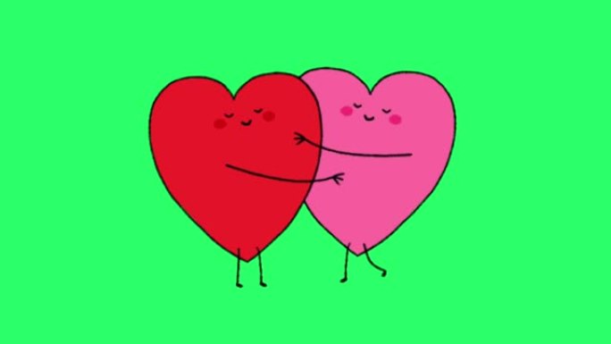 动画红色和粉色心形孤立在绿色背景上。