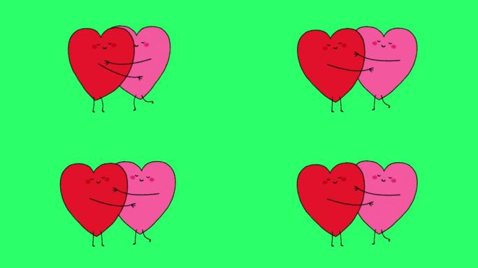 动画红色和粉色心形孤立在绿色背景上。