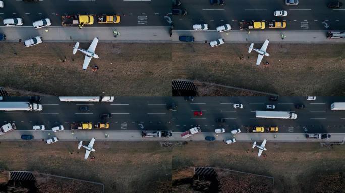紧急飞机降落在高速公路上。无人机射击