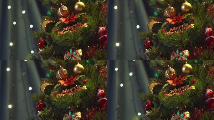 装饰松树的圣诞标志。圣诞节传统。从模糊到清晰的聚焦。