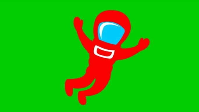 动画可爱的红色宇航员在零重力。太空人在失重状态下飞行。矢量平面插图孤立在绿色背景上。