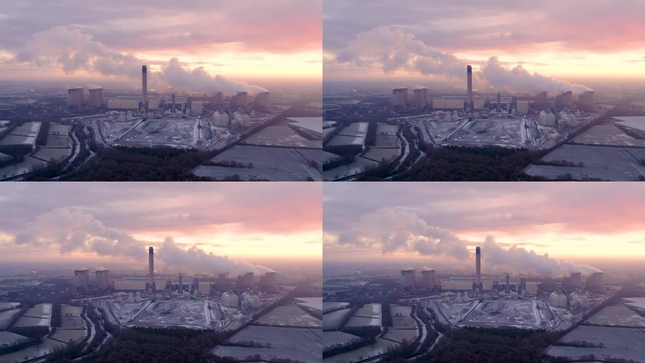 英国燃煤电站在日落时的4k航拍画面