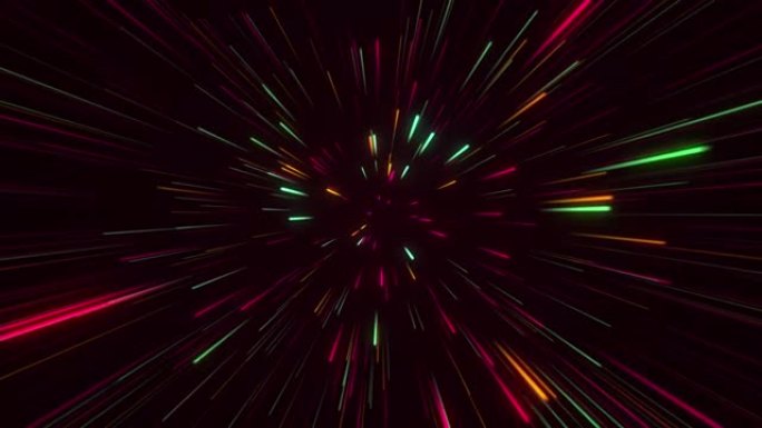 红色背景上的彩色霓虹灯无限线。绿色和粉红色的抽象背景。银河系中的光速，运动中的霓虹灯发光光线。