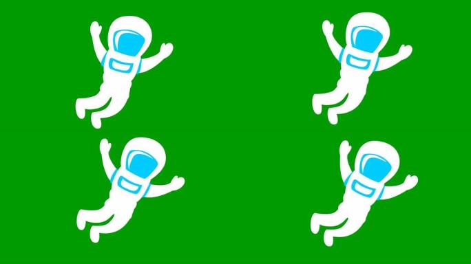 动画可爱的白色宇航员在零重力。太空人在失重状态下飞行。矢量平面插图孤立在绿色背景上。
