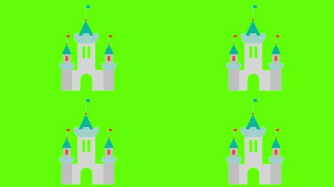 明亮绿色背景下的卡通动画城堡