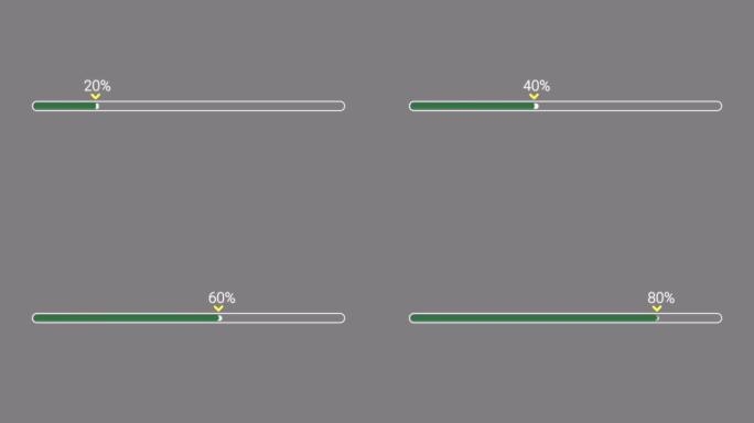 绿色进度条，加载条或充电条，进度百分比和灰色背景上的黄色指针或正在进行的箭头。