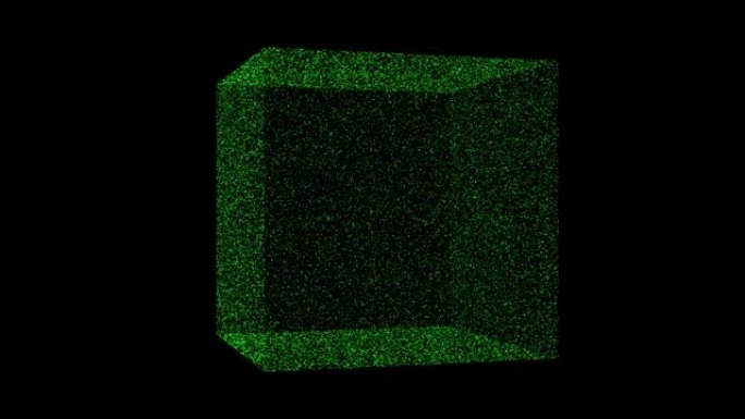 3D绿色立方体对象在黑色背景上旋转。由闪烁粒子组成的物体60 FPS。科学教程概念。标志、标题、演示