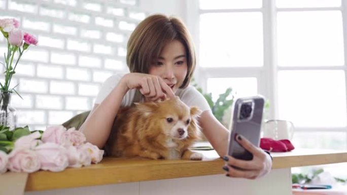年轻美丽的亚洲女子的肖像使用智能手机自拍与一只狗在客厅。快乐亚洲女孩在线影响者博客。教育电子商务技术