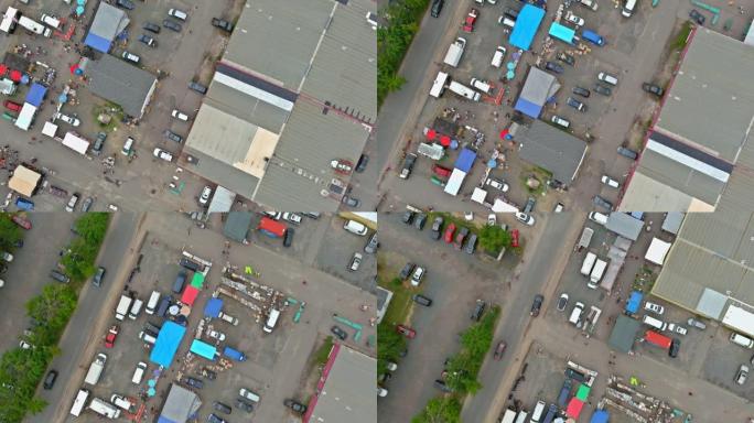 美国新泽西州英格兰镇街头周末跳蚤市场的空中俯视图