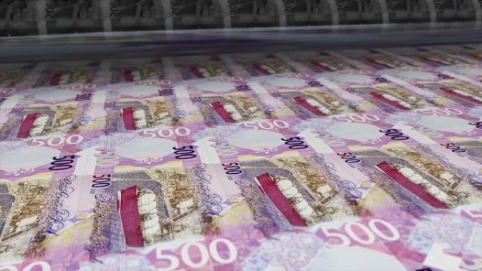 卡塔尔，卡塔尔里亚尔印刷机打印出当前500里亚尔钞票，无缝循环，卡塔尔货币背景，4K，聚焦深度Smo