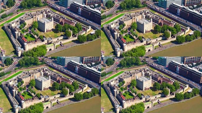 静止鸟瞰图的伦敦塔，伦敦，英国，显示南面的选址泰晤士河。