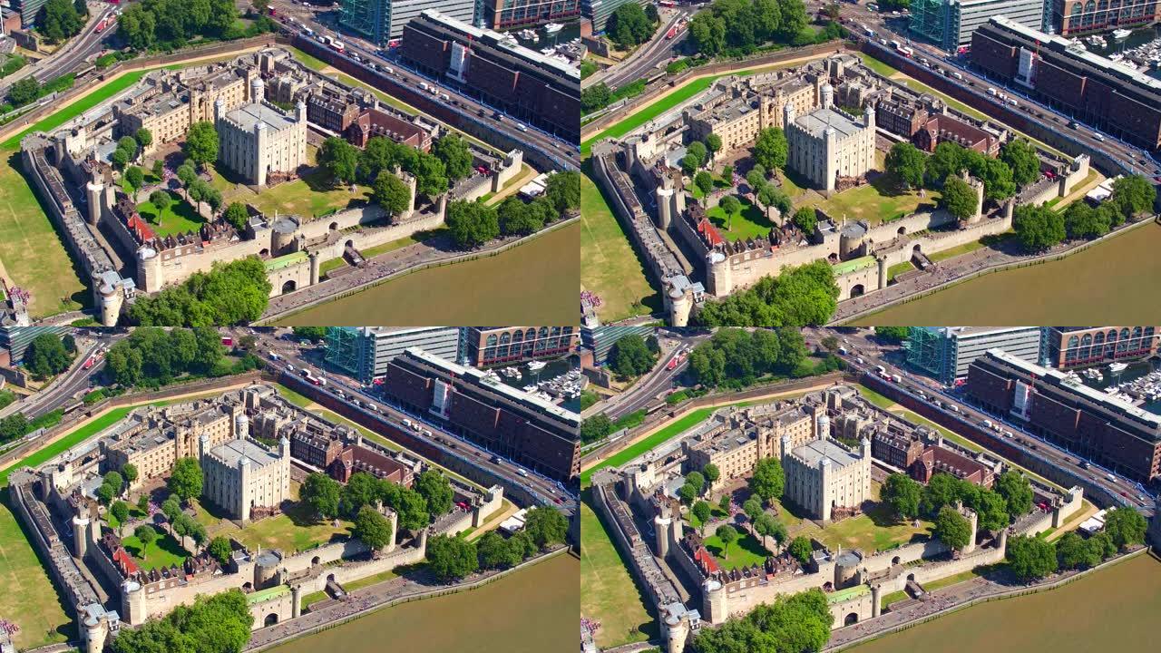 静止鸟瞰图的伦敦塔，伦敦，英国，显示南面的选址泰晤士河。