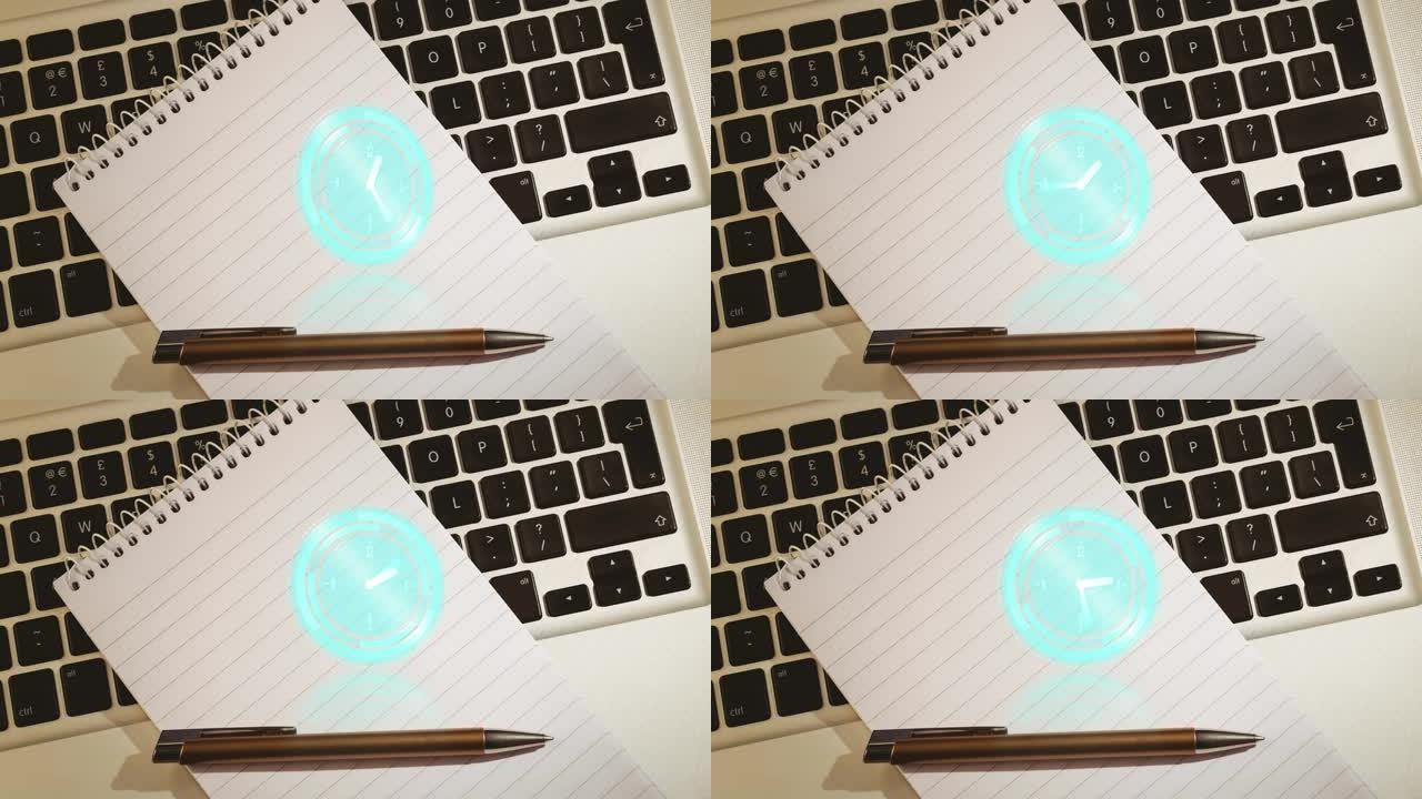 桌子上笔记本电脑上的时钟动画