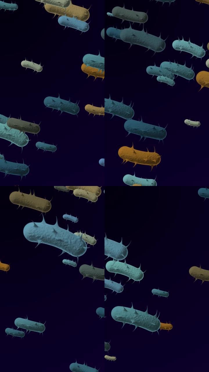 电子显微镜看到的细菌-4k显微细菌医学背景-循环，可循环细菌-漂浮的大肠杆菌细菌-细菌的3D动画-细
