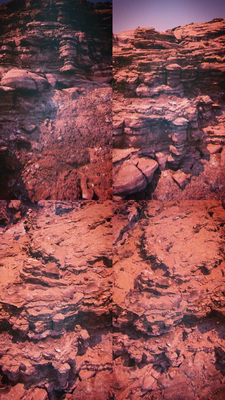 红色星球火星干旱山脉的无人机飞行视图垂直视频