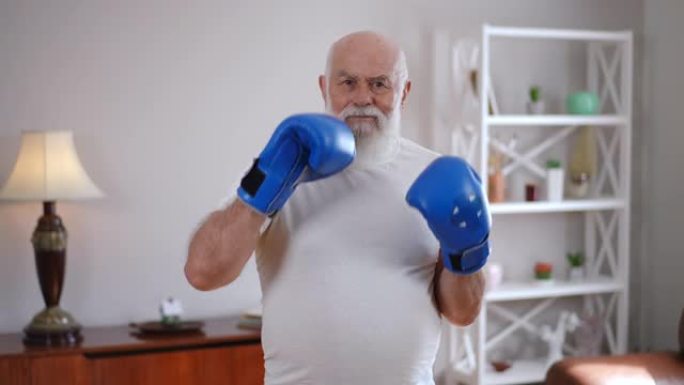 留着胡须的白发白人男子在室内穿着拳击手套摆姿势微笑。鼓舞人心的高级拳击手在慢动作中看着相机的肖像。武