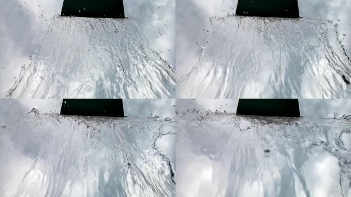 1000 fps的水的超慢动作拍摄。瀑布每秒1000帧。水力按摩枪微距超慢动作在高速相机上拍摄。