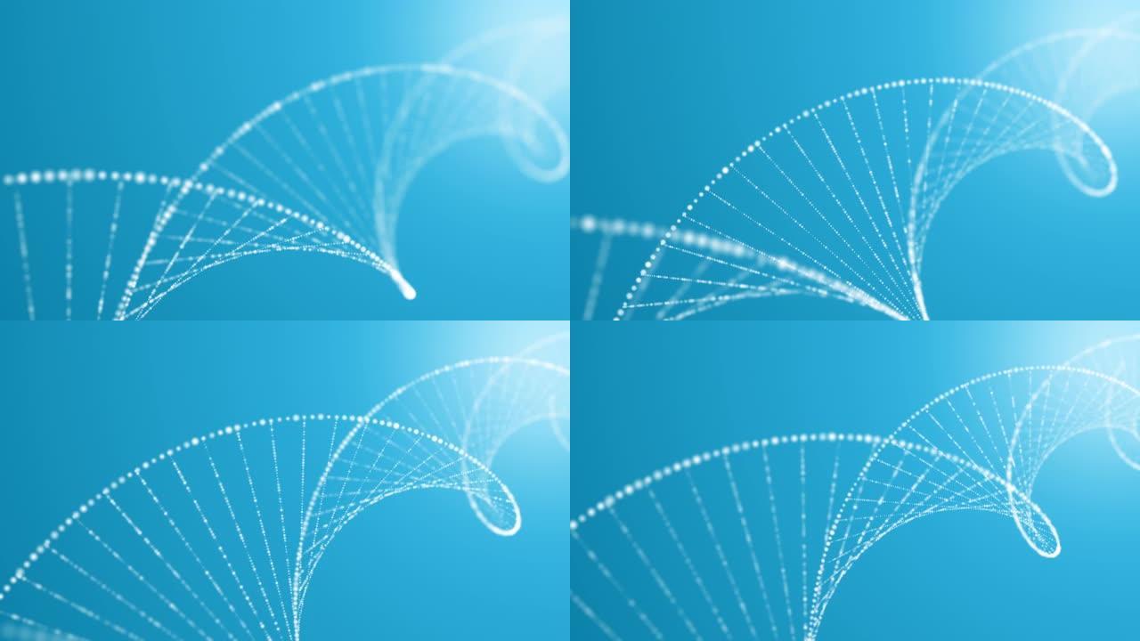 数字脱氧核糖核酸链背景的运动图形。抽象3D发光旋转DNA双螺旋。技术、科学、医学和无缝循环背景的概念