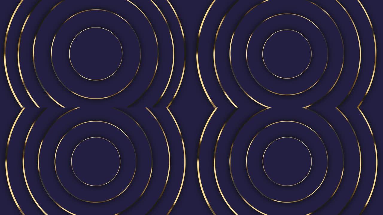 具有位移效应的圆的抽象模式。豪华蓝环边缘黄金动画。业务演示的摘要背景。无缝环路4k