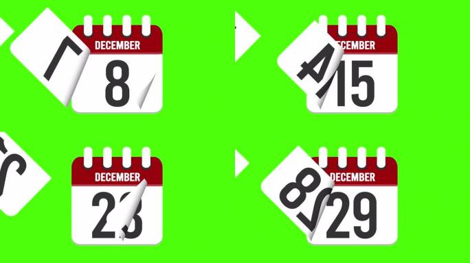 12月31日。日历出现，页面下降到12月31日。绿色背景，色度键 (4k循环)