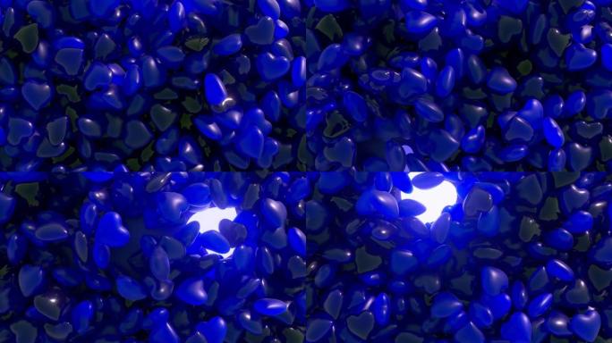 情人节。一颗蓝色的霓虹灯心从一堆深蓝色的心中跳出来。心形软糖。糖果。3d动画