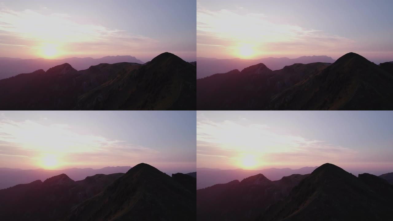 空中无人机拍摄日落时的山脊线