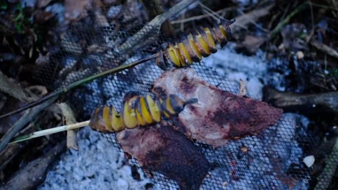 冬季森林中煤下的meet和马铃薯的油炸烧烤
