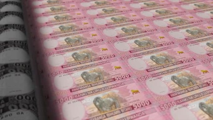 卢旺达，卢旺达法郎印刷机打印出当前5000法郎钞票，无缝循环，卢旺达货币背景，4K，聚焦深度Smoo